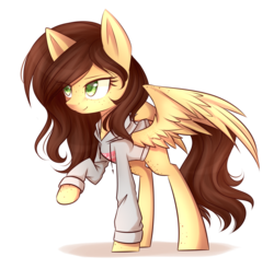 Size: 1420x1396 | Tagged: safe, artist:snowbunny0820, oc, oc only, oc:cocoa, pegasus, pony, art trade, body freckles, clothes, eye clipping through hair, female, freckles, hoodie, mare, simple background, solo, spread wings, transparent background, wings