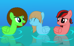 Size: 1024x643 | Tagged: safe, artist:tacobender, oc, oc only, oc:ivory keys, oc:ladybug, duck pony, pegasus, pony, afro, blue coat, female, green coat, mare, red coat, simple background, trio, vector, water, wings