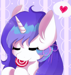 Size: 1415x1501 | Tagged: safe, artist:whiskyice, oc, oc only, oc:windy, pony, unicorn, abstract background, bow, bust, candy, eyes closed, food, hair bow, heart, horn, lollipop, pictogram, unicorn oc