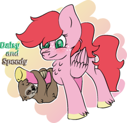 Size: 1002x970 | Tagged: safe, artist:rosiepie15, oc, oc only, oc:daisy, oc:speedy the sloth, pegasus, pony, sloth, abstract background, chest fluff, colored hooves, female, freckles, mare, offspring, parent:big macintosh, parent:fluttershy, parents:fluttermac, pet oc, raised hoof, simple background, transparent background