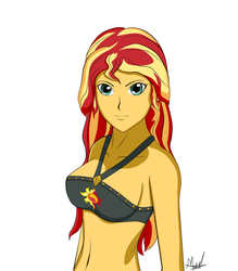 Size: 1400x1600 | Tagged: safe, artist:marsil, sunset shimmer, equestria girls, equestria girls series, forgotten friendship, g4, belly button, breasts, cutie mark, female, looking at you, sideboob, solo, swimsuit