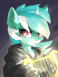Size: 900x1200 | Tagged: safe, artist:rosefluffdraws, lyra heartstrings, pony, unicorn, fanfic:background pony, g4, clothes, dig the swell hoodie, female, hoodie, looking at you, lyre, mare, musical instrument, solo