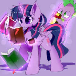 Size: 1500x1500 | Tagged: safe, artist:heddopen, spike, twilight sparkle, alicorn, pony, g4, book, ear fluff, female, floating, ink, inkwell, magic, male, mare, quill, simple background, twilight sparkle (alicorn), wings