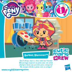 Size: 672x669 | Tagged: safe, applejack, fluttershy, pinkie pie, rainbow dash, sunset shimmer, twilight sparkle, equestria girls, g4, official, box art, cutie mark crew, female, food, french, meat, pepperoni, pepperoni pizza, pizza, ponied up, portuguese, spanish, toy