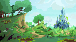 Size: 1280x720 | Tagged: safe, screencap, g4, to change a changeling, background, changeling hive, cloud, grass, no pony, partly cloudy, plant, scenery, tree, vegetation