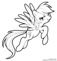 Size: 752x800 | Tagged: safe, artist:lindsay cibos, rainbow dash, pegasus, pony, g4, black and white, female, flying, grayscale, grin, looking at you, mare, monochrome, simple background, smiling, solo, white background