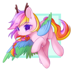 Size: 2000x2000 | Tagged: safe, artist:leafywind, oc, oc only, pegasus, pony, abstract background, antlers, braid, colored pupils, colored wings, ear fluff, female, high res, mare, multicolored hair, multicolored tail, simple background, smiling, solo, spread wings, starry eyes, transparent background, two toned wings, wingding eyes, wings