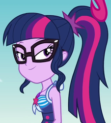 Size: 651x720 | Tagged: safe, screencap, pinkie pie, sci-twi, twilight sparkle, equestria girls, equestria girls series, friendship math, g4, beach, clothes, cropped, cute, female, geode of telekinesis, lidded eyes, looking at you, magical geodes, out of context, ponytail, sky, solo focus, swimsuit, twiabetes