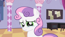 Size: 1920x1080 | Tagged: safe, screencap, sweetie belle, pony, unicorn, g4, season 2, sisterhooves social, crying, female, filly, green eyes, looking down, nose wrinkle, pink hair, pink mane, purple hair, purple mane, sad, scrunchy face, solo, two toned hair, two toned mane, white coat, white fur, white pony