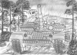 Size: 3500x2500 | Tagged: safe, artist:lakunae, pony, civil war, high res, lineart, military, monochrome, soviet, soviet pony, stalliongrad, tank (vehicle), war, war thunder