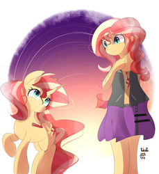 Size: 1466x1600 | Tagged: safe, artist:tohupo, sunset shimmer, human, pony, unicorn, equestria girls, g4, my little pony equestria girls: better together, beautiful, clothes, cute, duo, female, geode of empathy, human ponidox, jacket, leather jacket, leather vest, looking at each other, magical geodes, mare, moe, self ponidox, skirt, smiling