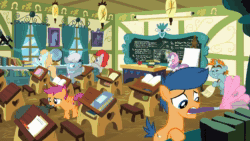 Size: 1920x1080 | Tagged: safe, screencap, first base, peach fuzz, scootaloo, silver spoon, snips, sweetie belle, train tracks (g4), pony, g4, marks for effort, animated, broom, bubblegum, cleaning, colt, duster, dusting, female, filly, food, gum, male, ponyville schoolhouse, school, sound, webm