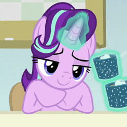 Size: 720x720 | Tagged: safe, edit, screencap, starlight glimmer, pony, unicorn, g4, marks for effort, animated, calm, chocolate, cropped, cup, drinking, empathy cocoa, female, floppy ears, food, grin, guidance counselor, hot chocolate, i mean i see, marshmallow, smiling, solo, sound, stare, starlight's office, webm