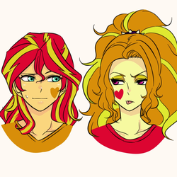 Size: 1000x1000 | Tagged: safe, artist:raika0306, adagio dazzle, sunset shimmer, equestria girls, g4, bust, clothes, female, lesbian, ship:sunsagio, shipping, shirt, simple background, white background