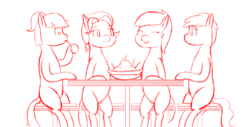 Size: 1920x976 | Tagged: safe, artist:wyntermoon, coconut cream, peachy pie, sunny daze, toola roola, g4, banana, banana split, dessert, draft, eating, female, filly, foal, food, group, hair tie, ice cream, mare, request, seat, spoon, table