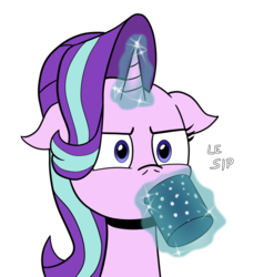 Size: 900x911 | Tagged: safe, artist:cartoon-eric, starlight glimmer, pony, unicorn, g4, marks for effort, bust, chocolate, cup, drinking, empathy cocoa, female, floppy ears, food, glowing horn, horn, hot chocolate, i mean i see, le, levitation, magic, simple background, sipping, solo, starlight glimmer is not amused, telekinesis, transparent background, unamused
