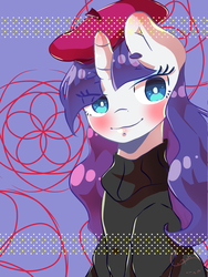 Size: 1500x2000 | Tagged: safe, artist:cometsparke, rarity, pony, g4, beatnik rarity, beret, clothes, female, hat, mare, smiling, solo, sweater