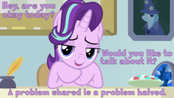 Size: 2667x1500 | Tagged: safe, artist:phucknuckl, edit, starlight glimmer, trixie, pony, unicorn, g4, marks for effort, bedroom eyes, dialogue, female, geode, guidance counselor, looking at you, mare, office, open mouth, quill, school of friendship, solo, vector