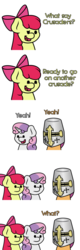 Size: 1280x3999 | Tagged: safe, artist:ljdamz1119, apple bloom, scootaloo, sweetie belle, earth pony, pegasus, pony, unicorn, g4, comic, crusader, cutie mark crusaders, fantasy class, female, filly, helmet, knight, paladin, simple background, warrior, white background