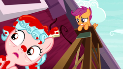 Size: 1280x720 | Tagged: safe, screencap, cozy glow, scootaloo, g4, marks for effort, duo, female, filly, not blood, out of context, paint