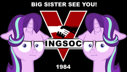 Size: 2208x1243 | Tagged: safe, artist:the smiling pony, derpibooru exclusive, edit, starlight glimmer, pony, unicorn, g4, marks for effort, 1984, :i, big brother, big brother is watching, big sister see you, exclamation point, faic, female, floppy ears, george orwell, i mean i see, ingsoc, looking at you, political parties, propaganda, solo, stalin glimmer, text, text edit, unamused, vector