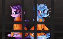 Size: 2800x1750 | Tagged: safe, artist:inkwellartz, starlight glimmer, trixie, pony, unicorn, g4, clothes, cuffs, duo, duo female, female, frustrated, jail, jumpsuit, prison, prison outfit, prisoner, prisoner sg, prisoner tx, shackles, smiling, varying degrees of want