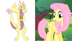Size: 3808x2168 | Tagged: safe, artist:pd123sonic, fluttershy, butterfly, dragon, pegasus, pony, g4, dragonified, female, flower, flutterdragon, high res, solo, species swap