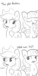 Size: 1650x3300 | Tagged: safe, artist:tjpones, applejack, twilight sparkle, alicorn, earth pony, pony, g4, applejack's hat, chest fluff, cowboy hat, deadpan snarker, duo, duo female, eating, female, food, french fries, grayscale, hat, hay fries, mare, monochrome, simple background, sketch, stetson, the plot thickens, this will end in weight gain, twilight sparkle (alicorn), white background