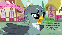 Size: 1280x720 | Tagged: safe, edit, edited screencap, editor:korora, screencap, gabby, griffon, g4, the fault in our cutie marks, bronybait, cute, dialogue, gabbybetes, hug, hug request, ponyville, text, unhappy