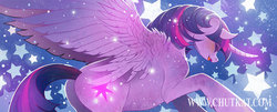 Size: 1181x475 | Tagged: safe, artist:chutkat, twilight sparkle, alicorn, pony, g4, blushing, curved horn, eyes closed, female, flying, glowing horn, horn, mare, open mouth, solo, spread wings, stars, twilight sparkle (alicorn), wing fluff, wings