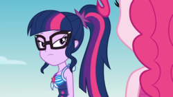 Size: 1920x1080 | Tagged: safe, edit, edited screencap, screencap, pinkie pie, sci-twi, twilight sparkle, equestria girls, equestria girls series, friendship math, g4, beach, clothes, inverted mouth, out of context, sky, solo focus, swimsuit