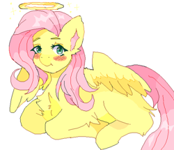 Size: 540x464 | Tagged: safe, artist:furfetti, fluttershy, pegasus, pony, g4, blushing, cute, female, fluffy, halo, mare, missing cutie mark, pixel art, prone, shyabetes, simple background, smiling, solo, sparkles, transparent background