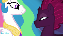 Size: 640x360 | Tagged: source needed, safe, artist:spaceoddpony, princess celestia, tempest shadow, alicorn, pony, unicorn, g4, my little pony: the movie, animated, blushing, broken horn, duo, female, gif, horn, kiss on the lips, kissing, lesbian, mare, shipping, surprise kiss, tempestia