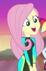 Size: 439x669 | Tagged: safe, screencap, fluttershy, rainbow dash, aww... baby turtles, equestria girls, g4, my little pony equestria girls: better together, animated, clothes, cropped, cute, female, fluttershy's wetsuit, gif, shyabetes, solo focus, swimsuit, wetsuit