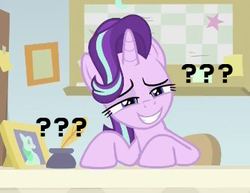 Size: 335x259 | Tagged: safe, edit, edited screencap, screencap, starlight glimmer, pony, unicorn, g4, marks for effort, confused, confused nick young, female, grin, lidded eyes, mare, meme, question mark, smiling, solo, starlight's office, text
