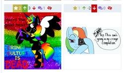 Size: 1046x615 | Tagged: safe, artist:c0lorcore, artist:infrayellow, rainbow dash, oc, derpibooru, g4, irony, juxtaposition, juxtaposition win, meme, meta