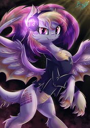 Size: 2435x3444 | Tagged: safe, artist:alexbluebird, oc, oc only, oc:rhythm step, dracony, hybrid, alternate universe, claws, clothes, colored wings, commission, cutie mark, cyberpunk, equalizer, fangs, female, freckles, headphones, high res, horns, jacket, multicolored wings, shirt, smiling, solo, sound bar, wings