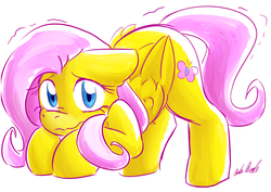 Size: 3801x2697 | Tagged: safe, artist:alomaire-whoruinedeverything, fluttershy, pegasus, pony, g4, face down ass up, female, floppy ears, folded wings, high res, looking at you, mare, nervous, shaking, simple background, solo, three quarter view, wavy mouth, white background, wings