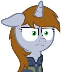 Size: 2000x2348 | Tagged: safe, artist:brisineo, edit, oc, oc only, oc:littlepip, pony, unicorn, fallout equestria, g4, marks for effort, :i, bust, clothes, faic, fanfic, fanfic art, female, floppy ears, high res, horn, i mean i see, jumpsuit, mare, simple background, solo, transparent background, vault suit, vector