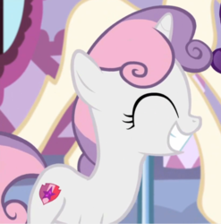 Size: 718x727 | Tagged: safe, screencap, sweetie belle, pony, unicorn, g4, marks for effort, cropped, cute, diasweetes, eyes closed, female, filly, grin, happy, repeatie belle, smiling, solo, weapons-grade cute