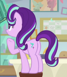 Size: 346x396 | Tagged: safe, screencap, starlight glimmer, pony, unicorn, g4, marks for effort, butt, cropped, female, magic, mare, plot, raised hoof, solo, telekinesis