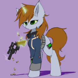 Size: 1500x1500 | Tagged: dead source, safe, artist:heddopen, oc, oc only, oc:littlepip, pony, unicorn, fallout equestria, bullet, clothes, ear fluff, fanfic, fanfic art, female, fluffy, glowing horn, gun, handgun, hooves, horn, jumpsuit, levitation, little macintosh, magic, mare, optical sight, pipbuck, purple background, reloading, revolver, simple background, smoke, solo, telekinesis, vault suit, weapon