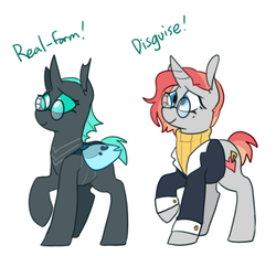 Size: 689x639 | Tagged: safe, artist:redxbacon, oc, oc only, oc:scribble snug, changeling, pony, unicorn, blue changeling, changeling oc, clothes, female, glasses, holeless, short tail, smiling, solo, suit