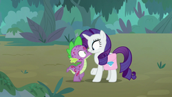 Size: 1280x720 | Tagged: safe, screencap, rarity, spike, dragon, pony, unicorn, g4, molt down, duo, everfree forest, female, male, mare, out of context, saddle bag, stone scales