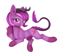 Size: 1104x965 | Tagged: safe, artist:dusthiel, oc, oc only, oc:lynn heart, hybrid, pony, succubus, succubus pony, bedroom eyes, female, forked tongue, heart, horns, looking at you, mare, simple background, solo, succubus oc, transparent background