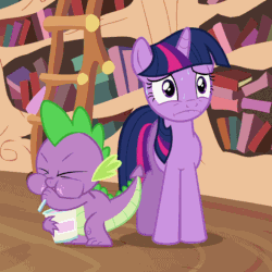 Size: 720x720 | Tagged: safe, screencap, spike, twilight sparkle, dragon, pony, unicorn, g4, it's about time, animated, cropped, eating, food, gif, golden oaks library, ice cream, shaking, sweat, this will end in weight gain, unicorn twilight, worried