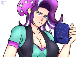 Size: 1024x768 | Tagged: dead source, safe, artist:superiorinfamea, starlight glimmer, human, equestria girls, g4, marks for effort, beanie, breasts, busty starlight glimmer, chocolate, cleavage, clothes, cup, empathy cocoa, equestria girls outfit, female, food, hat, hot chocolate, humanized, i mean i see, mug, shirt, simple background, solo, vest, white background