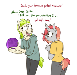 Size: 814x796 | Tagged: safe, artist:redxbacon, oc, oc only, oc:golden keylime, oc:scribble snug, earth pony, unicorn, anthro, ball, clothes, dialogue, disguise, disguised changeling, duo, female, glasses, hoodie, open mouth, short mane, short tail, simple background, smiling, white background