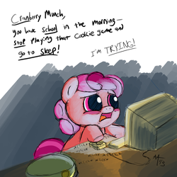 Size: 800x800 | Tagged: safe, artist:aa, oc, oc only, oc:berry munch, earth pony, pony, computer, computer mouse, cookie clicker, female, filly, filly guides, solo, speech, text