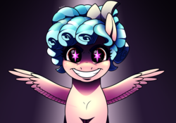 Size: 2712x1900 | Tagged: safe, artist:petalierre, cozy glow, pegasus, pony, g4, marks for effort, cozy glow is best facemaker, cozy glow's true goal, crazy glow, creepy, creepy grin, element of magic, female, filly, foal, foreshadowing, grin, hidden eyes, pure concentrated unfiltered evil of the utmost potency, pure unfiltered evil, smiling, spoilers in source, spread wings, wingding eyes, wings